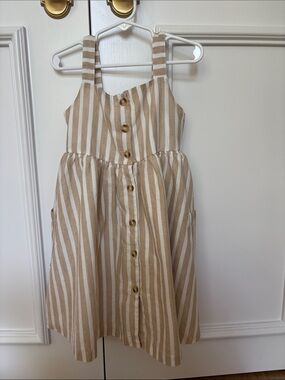 Mayoral Beige and White Striped Linen & Cotton Button-Front Sundress